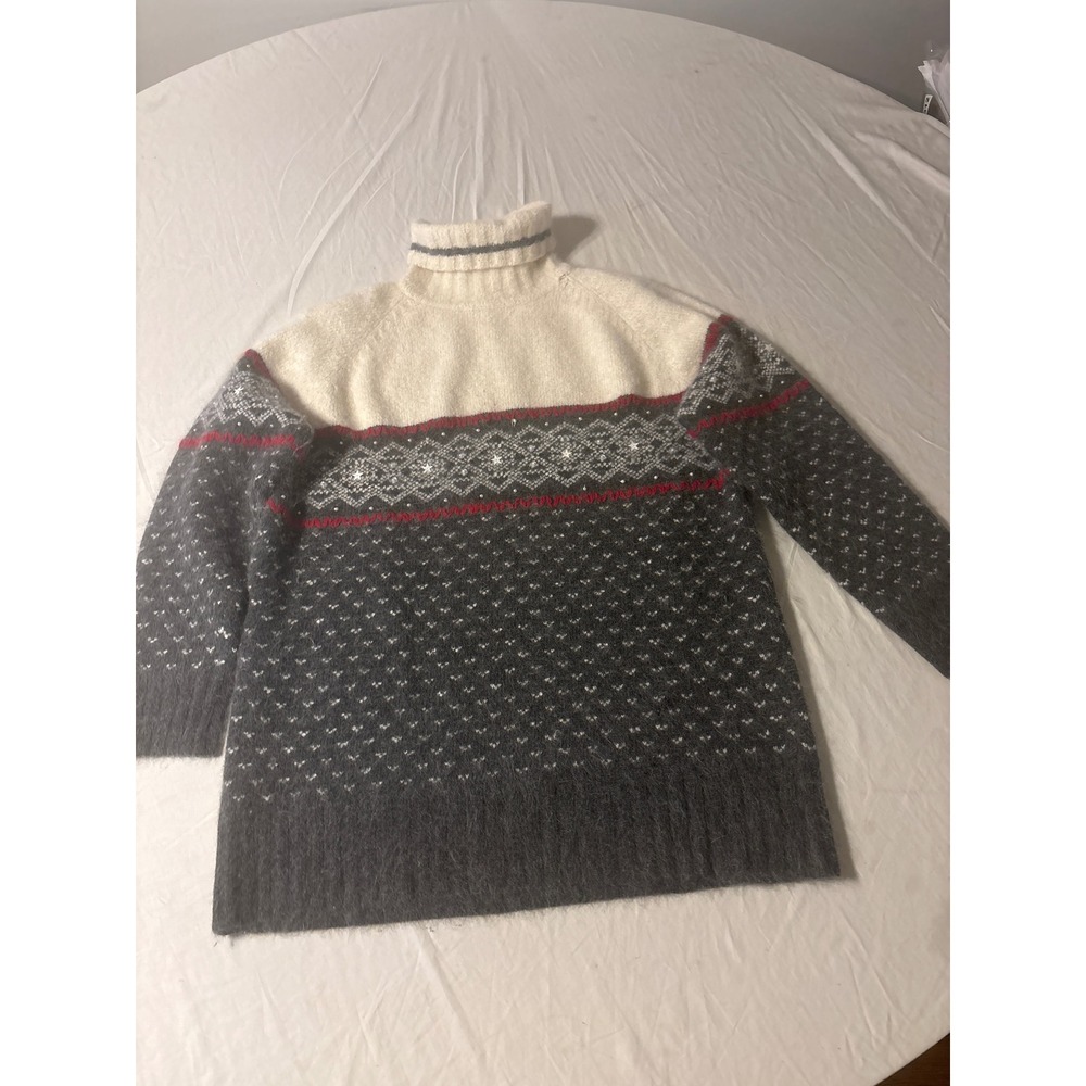 Lord Taylor Turtleneck Sweater Womens Gray Cream Red Sequin Star Mohair Blend  M